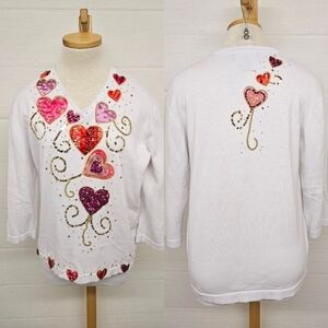 Vintage Terazzo Beaded and Embroidered Valentine's Day Sweater in White Sz Large